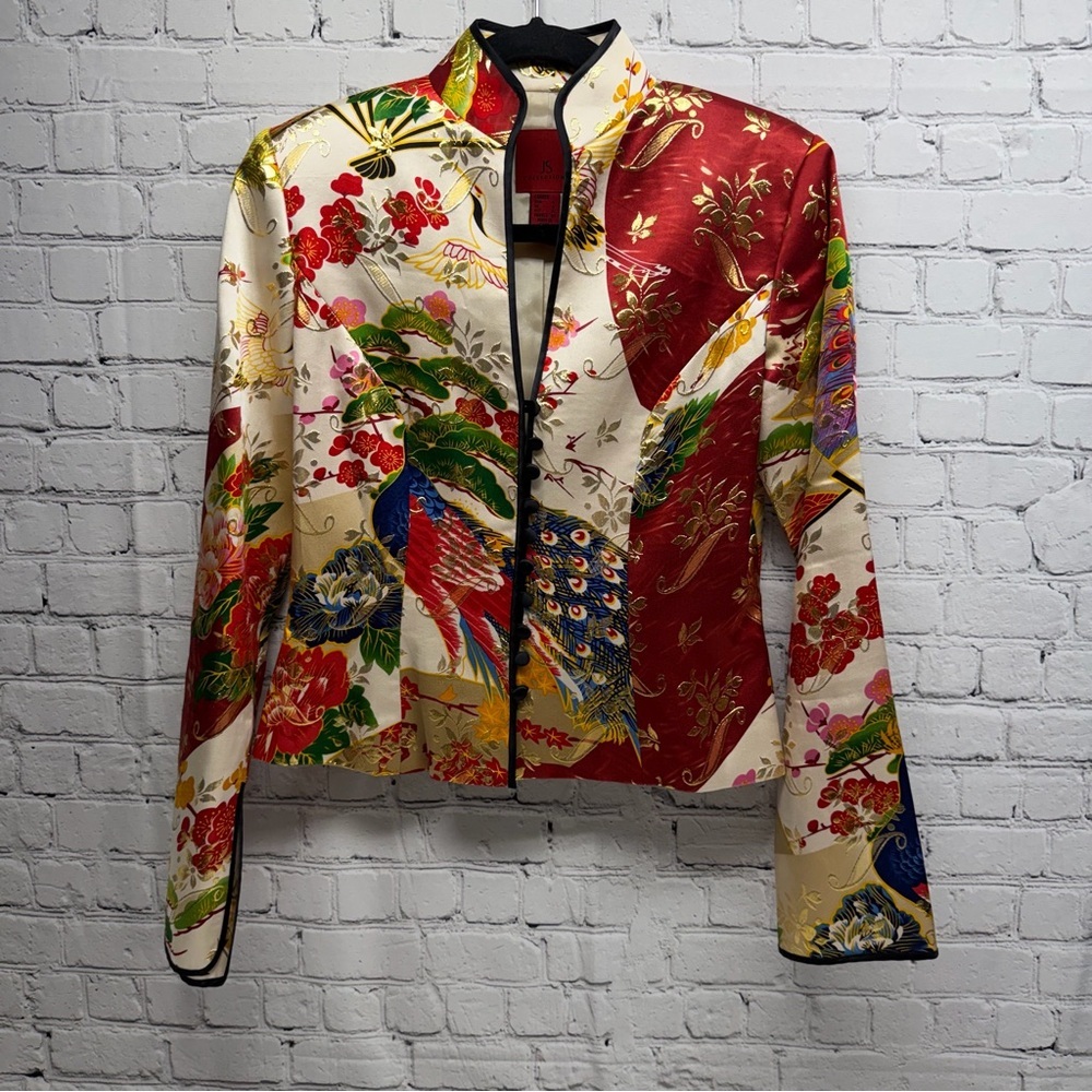 JS Collections Multicolor Peacock print Blazer size 4 silk blend